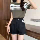 Retro Striped Ice Silk Short-Sleeved Knitted Shirt For The New Summer 2025 Thin