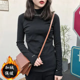 Fongt Spring 2024 Half Turtleneck Jacket Bottom Shirt Women's Letters Embroidered Slim Students Solid Color And Velvet Long Sleeve T-Shirt
