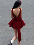 Red Backless V Cut Bow Mink Dress-Outfit
