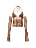 Halter Tie Mesh Patch Top-Outfit