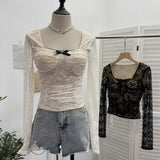 Real Pat With Chest Cushion Square Collar Bow Lace Long Sleeve Bottom Top Dress Slim Slim Short Shirt