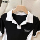 Summer Basics High Street Short Sleeve Turn-Down Collar Patchwork Golf Dresses Women's Causal High Waist Knitting