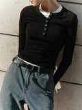 Buttoned Long Sleeve Solid Top-Outfit