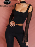 Mesh Corset Top Hollow out Square Collar Boning Zipper Slim Fit Bodycon Blouse Spring Fashion Party Sexy Black Crop