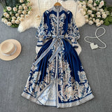 Fongt Retro High-End Lantern Long-Sleeved Print Dress Female Light Luxury Elegant Single Buckle Waist Swing Dress