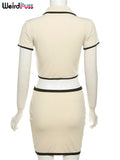 Ribbed Women 2 Piece Set Elegan Polo Neck Button Shorts Crop Tops+Mini Skirts Matching Stretch Elegant Streetwear Outfits-Outfit