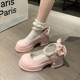 Fongt Mary Jane Women 2025 New Round Head Thick-Shoe White Pearl Bow With Skirt Thick-Soled Single Shoe