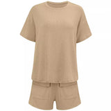 Fongt Hot Selling Women's Wear 2024 Casual Wind Loose Round Collar Solid Color Short-Sleeved Top Shorts Suit-Outfit