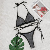 Fongt Sexy Hot Diamond Bikini Split Solid Color Strap Swimsuit Beach Vacation Women's