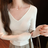 V-Collar Solid Color Long-Sleeved Woolen Blouse A New Style Slim And Slim Sweater In Autumn And Winter-Outfit