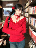 Red 3D Flower Off-Shoulder Long Sleeve Top-Outfit
