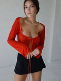 Top Women See Through Blouses Green Shirts Long Sleeve Crop Top Club Party Slim Brown Tie Up Mesh Top Streetwear