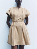 Fongt Spring New Fashion Solid Color Collar Design With Belt 100 Folds Short Dress Dress