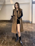 Trench Vests Coats 2 Piece Sets Women Casual Double Breasted Gabardina Sleeveless Jackets Turtleneck Winter Thicken
