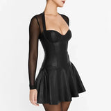Black Long Sleeve Mesh PU Leather Mini Dress-Outfit