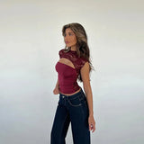 Front Slit Back Lace Short Sleeve Top-Outfit