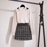 style women 2 Piece Outfits knitted sweater plaid mini Skirt Set casual elegant ladies 2 Piece Set fall Winter