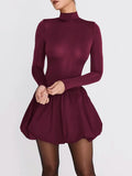 Burgundy Turtleneck Long Sleeve Puff Skirt Mini Dress-Outfit