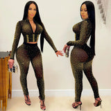 Fashion New Nightclub Hot Drill V Neck Long Sleeves Trousers Women's Two-Piece Set-Outfit