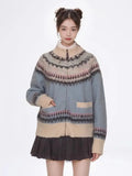 Blue Printed Stand Collar Knitted Cardigan-Outfit