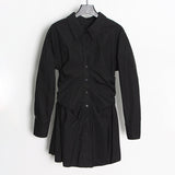 Fongt Simple Style Dress Women 2025 Spring New Collar Folded Waist Design Solid Color Long Sleeve