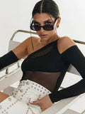 Sleeve Bodysuit Hollow Out Bodysuit Women Y2K Clothes Irregular Patchwork Mesh Body Solid Skinny Streetwear Black