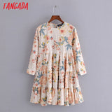 2021 Fashion Women Vintage Flowers Print A-line Dress Long Sleeve Casual Female Short Pleated Dress
