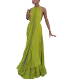 Fongt Women's New Women's Clothing Solid Color Round Neckless Sleeve Sexny Beach Long Dress 8099