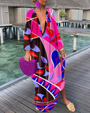 New Hot Style Fashion Print V-Neck Button Dress Women's Wear-Outfit