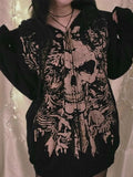 Skull Print Zip Up Oversized Hoodie-Outfit