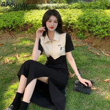 Sleeve Dress Women Summer Retro Tender French Style High Waist Design Patchwork Side-slit Elegant Chic Office Lady New