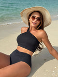 2024 New Solid-Color One-Shoulder Split Pit Strip High-Waist Swimsuit Bikini