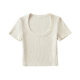 Trendy Women's Sexy Large U-Collar Short Navel Blouse Tight Solid Color Pullover Short-Sleeved T-Shirt-Outfit