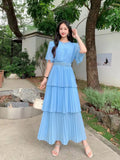 Fongt Familiar With The Style Of Temperament Short-Sleeved Round Collar To Close The Waist Thin Cake Dress Dress Dress Woman