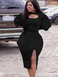 Fongt Large-Size Women's Clothing 2025 Autumn New Fashion Temperament Hollow Long Sleeve Open Fork Pure African Dress