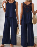 New Summer Sleeveless Solid Color Back Hollow Lace Suit Women's Clothing-Outfit