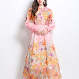 Fongt Lady Print Set Of Women's Holiday Style Collar Lantern Sleeves Thin Shirt High Waist Large Swing Long Skirt