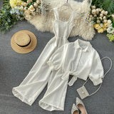 Fongt Wind Two Sets Of 2025 New Sling Folded Wide Leg Jumpsuit + Straight Short Sleeve Open-Sleeved Shirt Shirt Female Trend