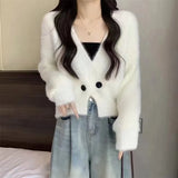 Mink Velvet Soft Waxy Knitted Cardigan Temperament Two Buttons 2024 Autumn And Winter New Short Sweater Coat Woman-Outfit