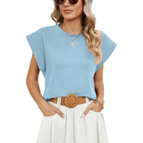 2024 New Round Collar Solid Color Shoulder-Inserted Sleeve Casual T-Shirt-Outfit