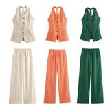 Fongt Fragrant Cotton Lint Neck Vest Set Of Women's Summer With Light Luxury High-End Trousers Two Sets
