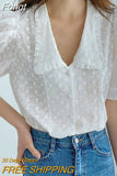 Summer Hollow Flower Lace Blouse Women Korean Chic Puff Short Sleeve Woman Shirt Peter Pan Collar Solid Loose Tops