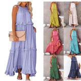 Fongt Summer New Holiday Wind Lotus Leaf Side Long Dress Swing Flowing Beach Dress Woman