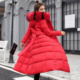 Winter New Tie Long Cotton-Padded Clothes Korean Version Over The Knee Thick Warm Hooded Solid Color Big Wool Collar Down Cotton Suit-Outfit