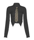 Fongt 2023 New Women's Solid Color Slim Crop Fashion Irregular Lapel Shirt-Outfit