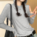 Hooded Solid Color Long-Sleeved T-Shirt Women's Early Autumn New Style Design Slim And Thin T-Shirt-Outfit