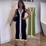 Fongt Collising Thread Single-Dlong V-Neck Sleeveless Elastic Knitted Mid-Long Dress