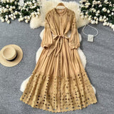 Fongt Retro Hollow Hook Lace Splicing Bow Strap With Waist Single Buckle Over Knee Dress New Autumn New