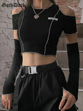 Dark E-girl Style Patchwork Black T-shirts Gothic Open Shoulder Sleeve Y2k Crop Tops Ruffles Hem Hip Hop Techwear Women