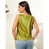 New Summer Satin Heap Collar Solid Color Sleeveless Vest Sleeveless Blouse-Outfit